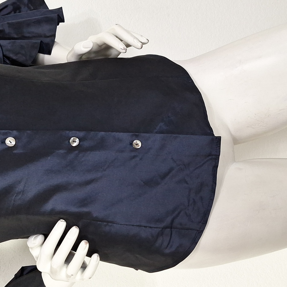 Naeem Khan Navy Blue 100% Silk Ruffle 3/4 Sleeves Button Front Blouse Size 8 - Picture 4 of 13